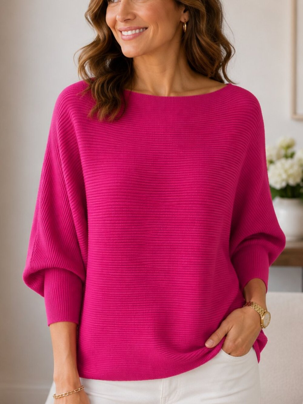 CeCe Pink Dolman Sleeve Sweater M Boat Neck Knit Pullover Top Casual Teacher